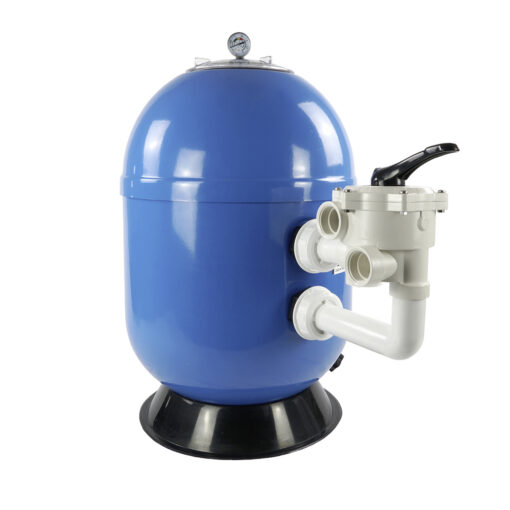 Polyester Filter VIENNA II laminiert, side mount, blau, d620, Schraubdeckel transparent, inkl. Manometer, Verrohrungsgarnitur und original Praher SM 1 ½" 6 Wege Ventil manuell