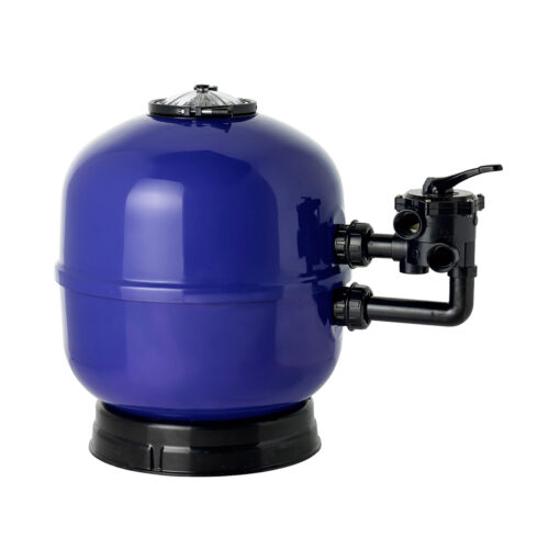 Polyester-Sandfilter VIENNA laminiert, Sandfilter side mount blau 600 - 24" inkl. Manometer incl. Verrohrungsgarnitur neutral und einzeln verpackt, mit original Praher 1 1/2" 6 Wege Ventil manuell