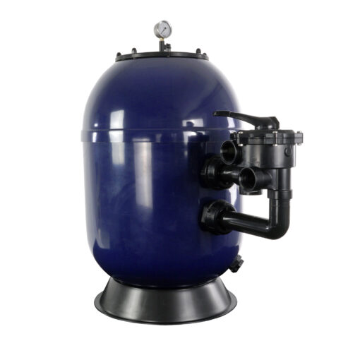 Polyester Filter VIENNA II laminiert, side mount, blau d620, Flanschdeckel schwarz, inkl. Manometer, Verrohrungsgarnitur und original Praher SM 1 ½" 6 Wege Rückspülventil manuell