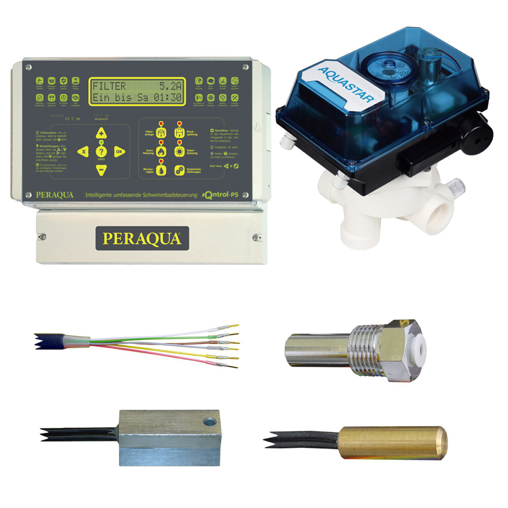 iQntrol-P5 Rückspülset für die automatische Rückspülung, Filtersteuerung und Heizungsregelung, inkl. Praher 11/2“ Aquastar MP6 pos, inkl. Tauchfühler und Tauchhülse, Anlegefühler, inkl. Verbindungskabel MP6 pos zur Steuerung